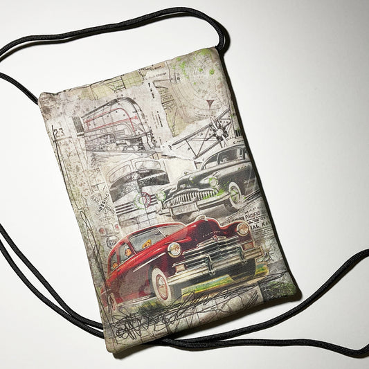 CARRIE - Handmade purse with a collage transportation (planes, trains and car) theme