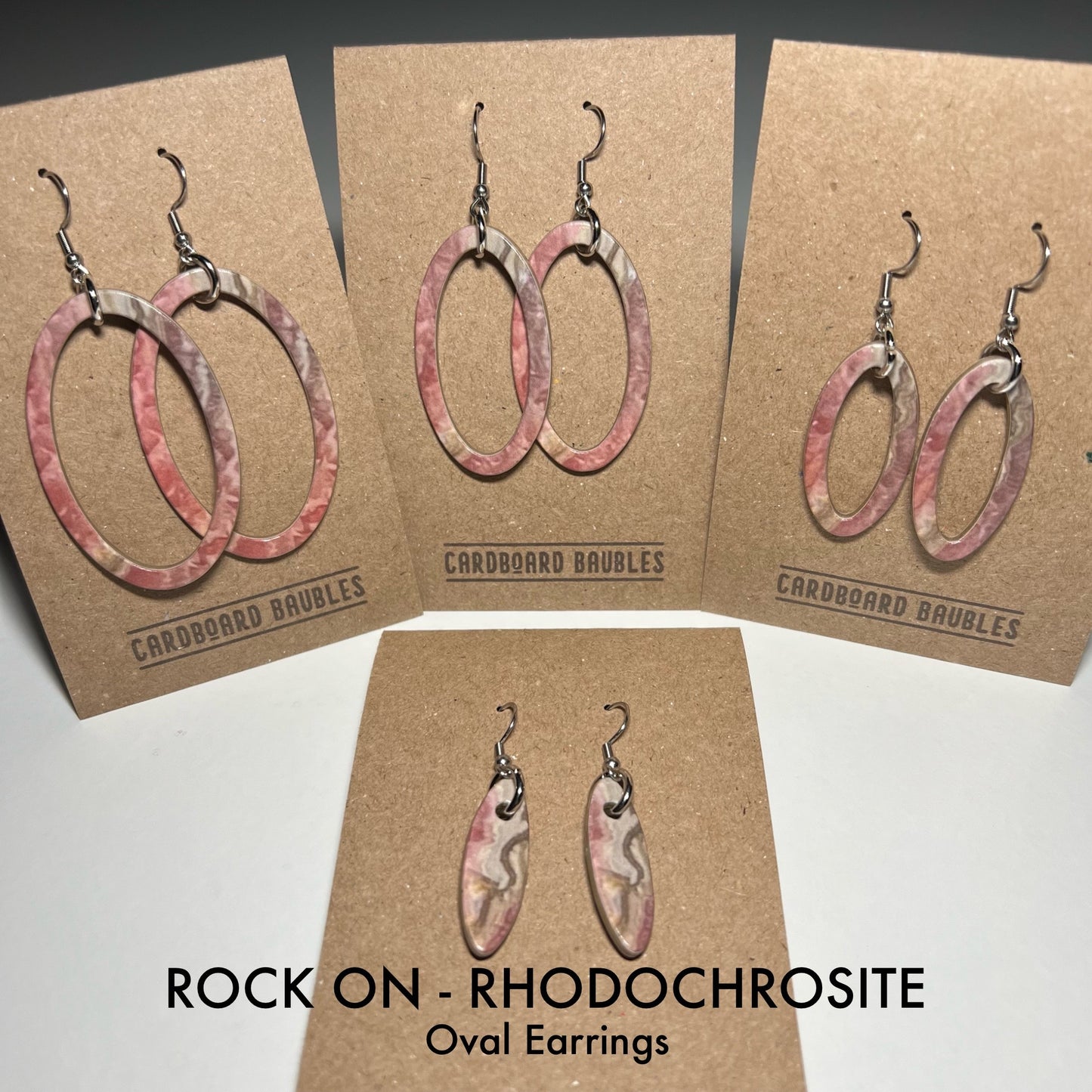 ROCK ON - RHODOCHROSITE - Oval Cardboard Baubles Earrings